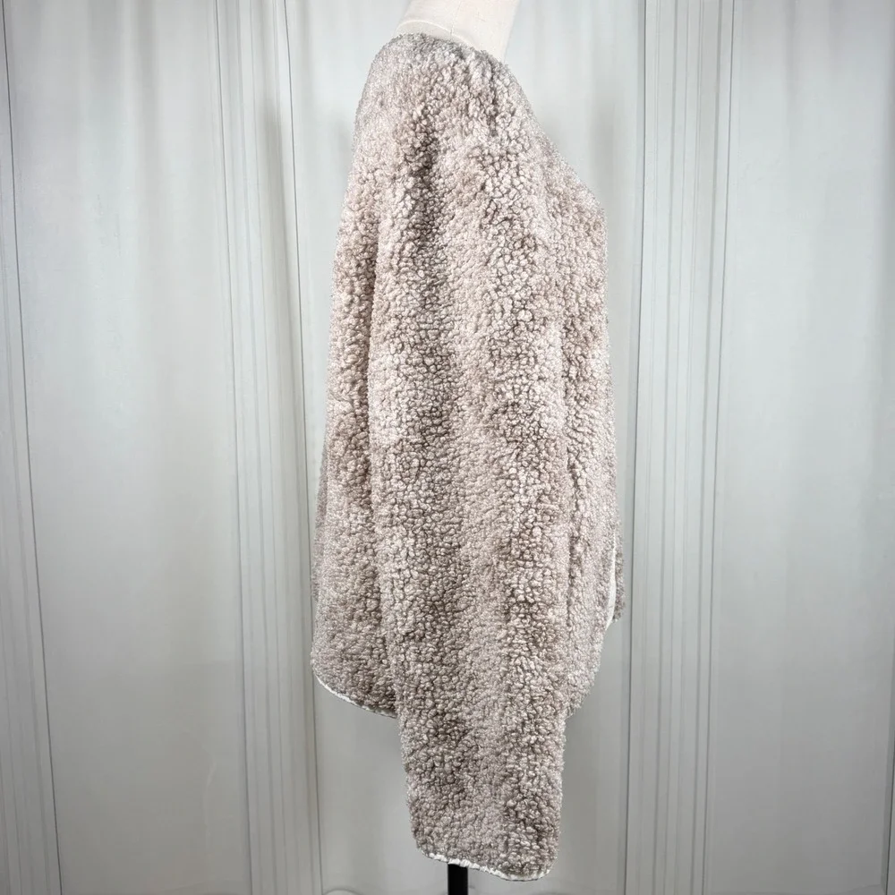 Lucky Brand Faux Shearling Jacket Neutral Multi Taupe Quilted Trim Button L